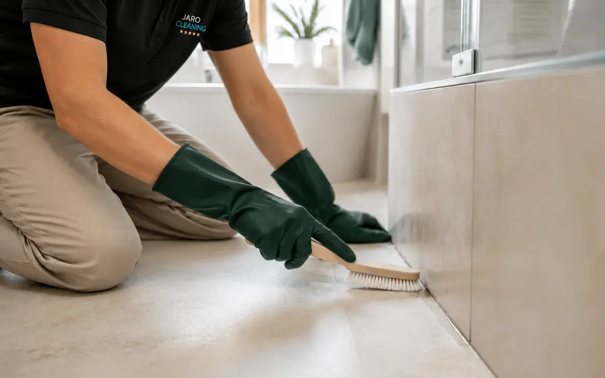 Professional cleaner carefully deep-cleaning bathroom tiles