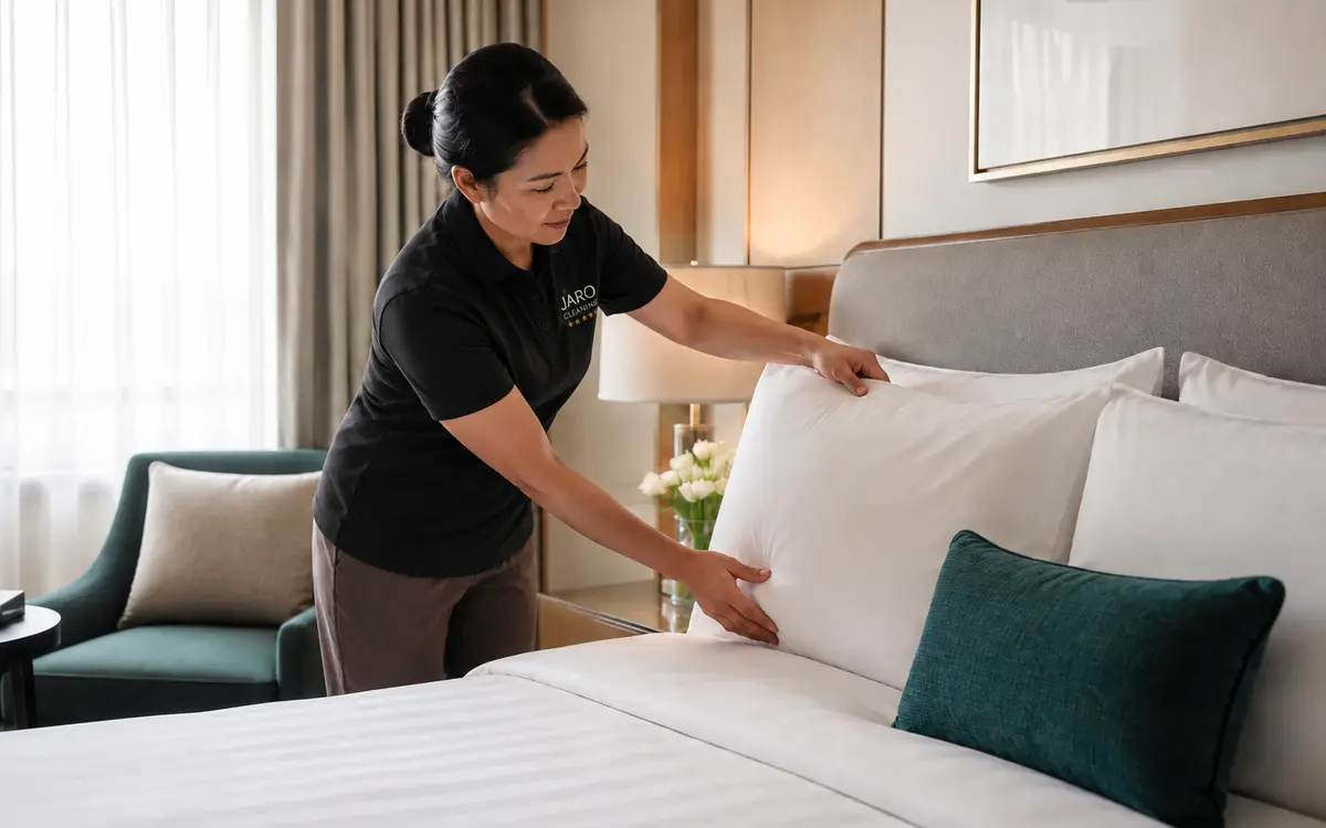 Housekeeper preparing a guest bed to hotel standards