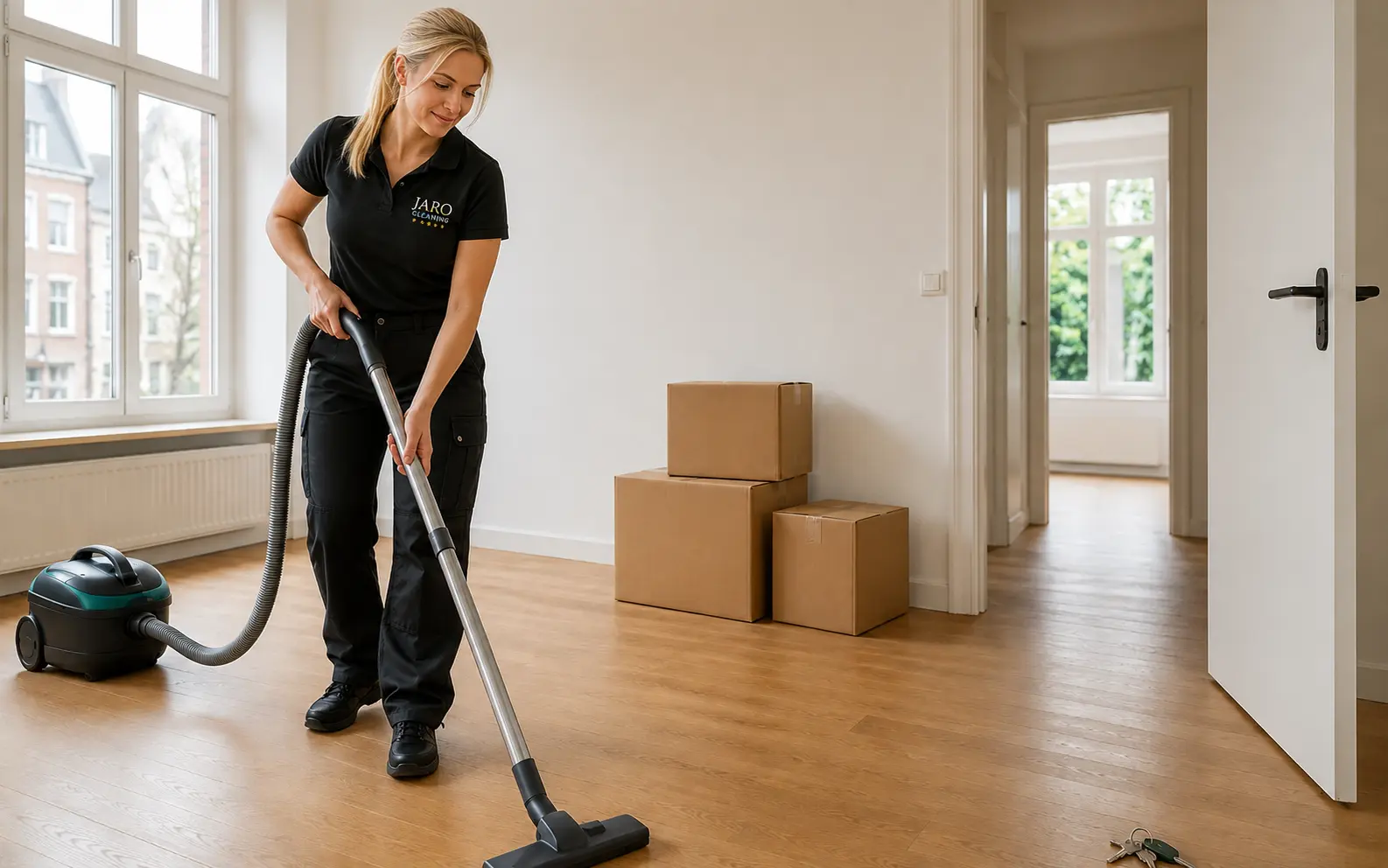 Blonde Janor cleaner preparing an empty apartment for a move