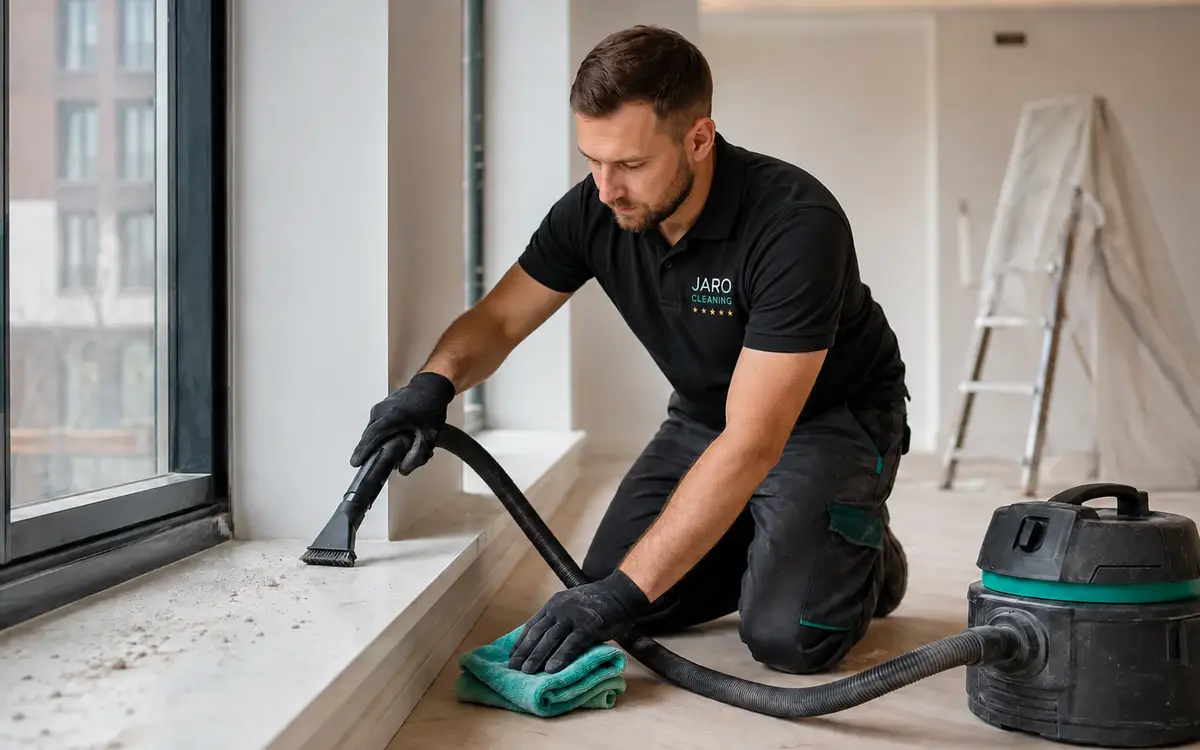 Professional cleaner removing construction dust after renovation